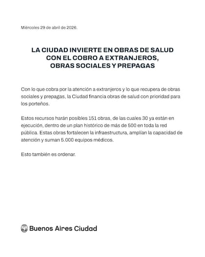 El comunicado del GCBA de este miércoles