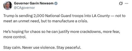 El comunicado del gobernador Gavin Newson tras el despliegue de los 2 000 integrantes de la Guardia Nacional en Los Angeles