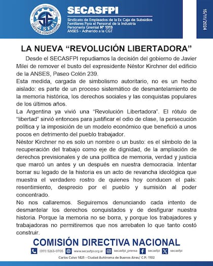 El comunicado del gremio de la Anses después de que Pettovello retirara el busto de Néstor Kirchner