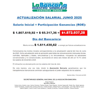 El comunicado del gremio informando los aumentos