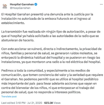 El comunicado del Hospital Garrahan (Foto: @HospGarrahan)
