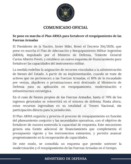 El comunicado del Ministerio de Defensa