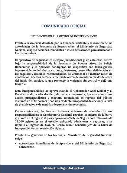 El comunicado del Ministerio de Seguridad.