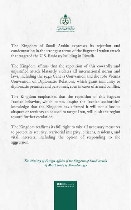 El comunicado del Ministerio de Asuntos Internacionales de Arabia Saudita