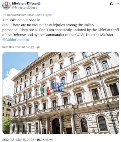 El comunicado del Ministerio de Defensa de Italia