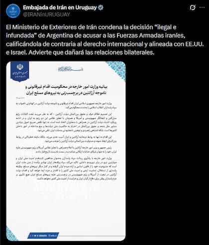 El comunicado del Ministerio de Relaciones Exteriores iraní a través de su embajada en Uruguay