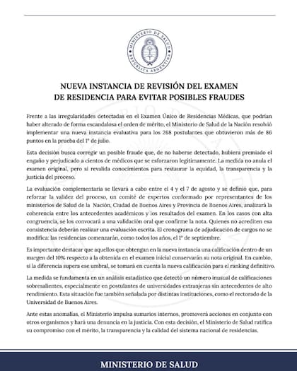 El comunicado del Ministerio de Salud sobre la nueva instancia para rendir el examen de residencias (X: @MinSalud_Ar)