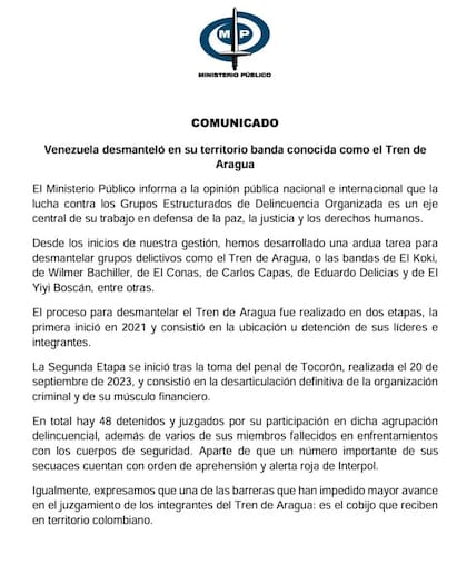 El comunicado del Ministerio Público venezolano confirma la ubicación y detención de integrantes del Tren de Aragua en 2021, y la desarticulación definitiva en 2023
