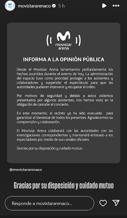 El comunicado del Movistar Arena en Instagram (@movistararenaco)