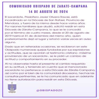 El comunicado del Obispado de Zárate-Campana sobre Javier Olivera Ravasi