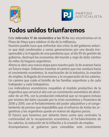 El comunicado del Partido Justicialista