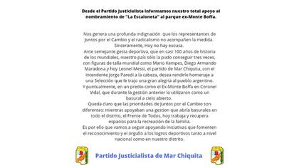 El comunicado del Partido Justicialista de Mar Chiquita sobre el parque municipal "La Scaloneta"