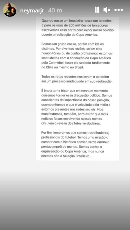 El comunicado del plantel de Brasil, publicado por Neymar en las redes sociales.