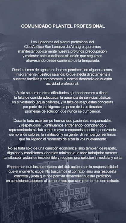 El comunicado del plantel profesional de San Lorenzo ante las promesas incumplidas de los dirigentes y una situación que consideran "insostnible"