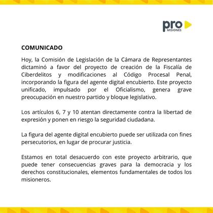 El comunicado del PRO el miércoles, cuando el proyecto se aprobó en Comisión. Las objeciones del radicalismo son similares.