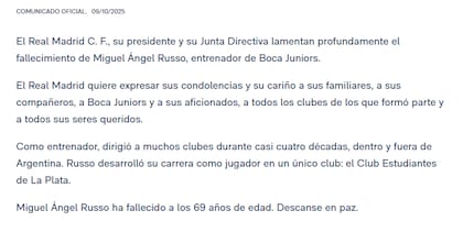 El comunicado del Real Madrid por la muerte de Russo