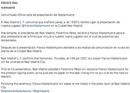 El comunicado del Real Madrid sobre el traspaso de Franco Mastantuono (Fuente: @realmadrid)