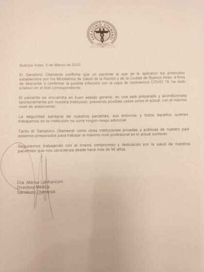 El comunicado del Sanatorio Otamendi