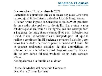 El comunicado del Sanatorio sobre la muerte de Hugo Arana