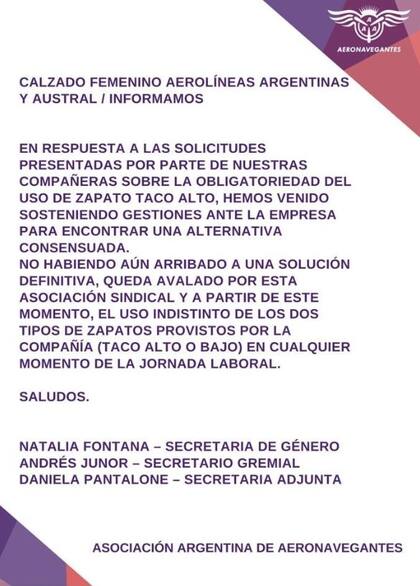 El comunicado del sindicato de aeronavegantes