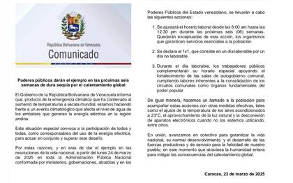 El comunicado difundido por el gobierno de Venezuela.