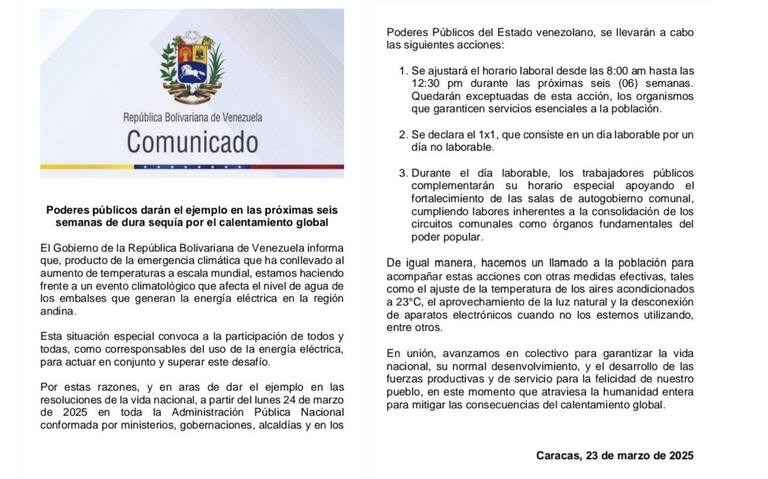 El comunicado difundido por el gobierno de Venezuela.