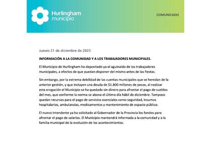 El comunicado difundido por el intendente de Hurlingham, Damián Selci, sobre la situación financiera del municipio