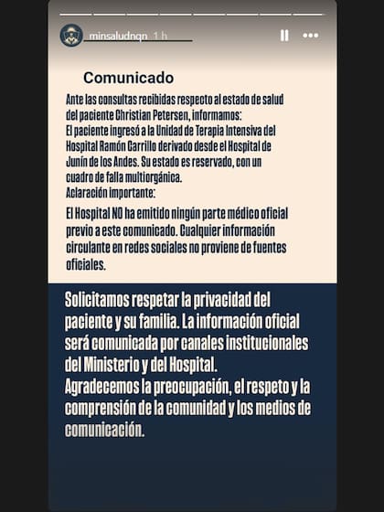 El comunicado difundido por el Ministerio de Salud de la provincia de Neuquén acerca del estado de salud de Christian Peterson