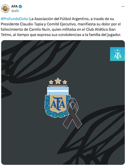 El comunicado difundido por la AFA tras el fallecimiento de Nuin