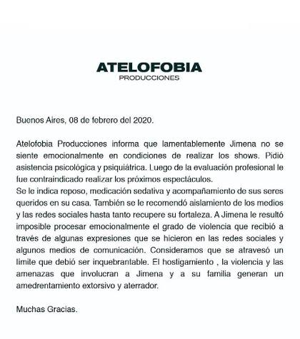 El comunicado difundido por la productora Atelofobia acerca del estado de salud de Jimena Barón 