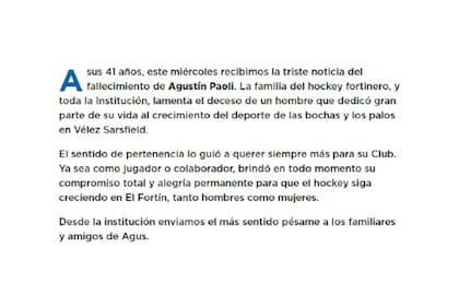 El comunicado emitido desde la página web oficial de Vélez Sarsfield tras la muerte de Agustín Paoli