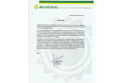 El comunicado emitido en junio por parte de Aerogálvez