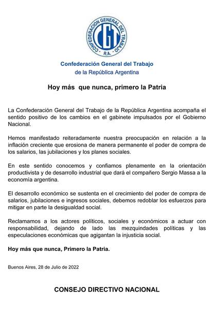 El comunicado emitido por la CGT