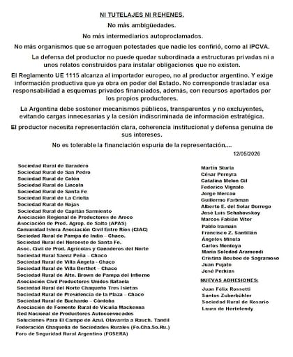 El comunicado firmado por entidades rurales y productores de manera independiente