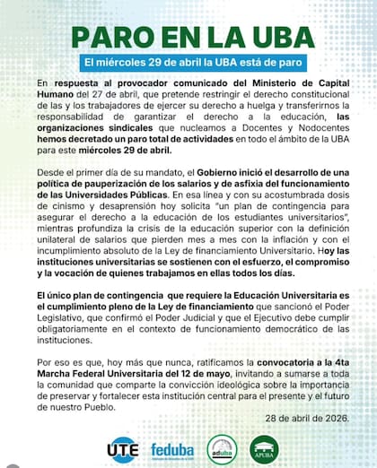 El comunicado fue firmado por Feduba, Aduba Apuba y UTE
