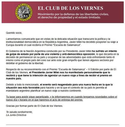 El comunicado inicial del Club de los Viernes, que luego fue borrado de las redes sociales.