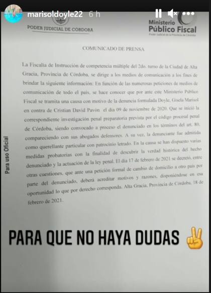 El comunicado judicial que la presunta víctima del abuso dio a conocer en sus redes sociales