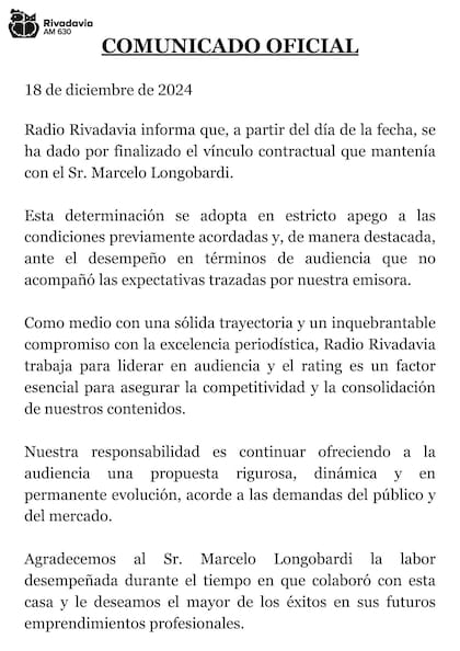 El comunicado oficial compartido por Radio Rivadavia sobre la salida de Longobardi