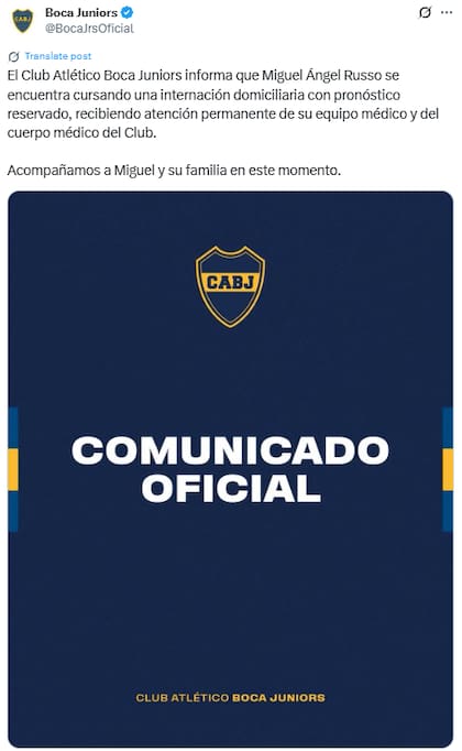 El comunicado oficial de Boca Juniors sobre la salud de Miguel Ángel Russo (Fuente: @BocaJrsOficial)