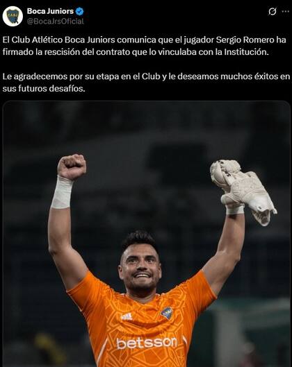 El comunicado oficial de Boca sobre la salida de Sergio Romero