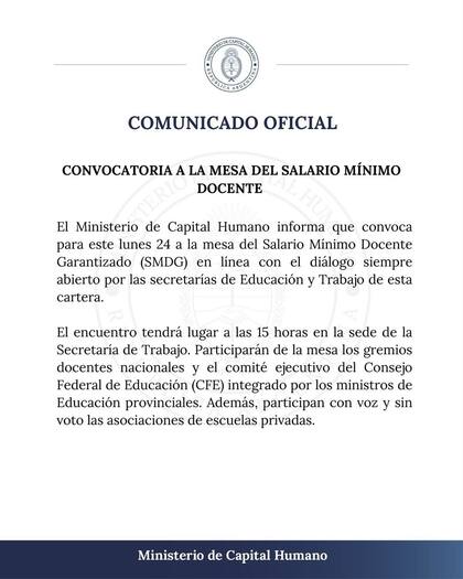 El comunicado oficial de Capital Humano (Foto: Instagram @mincaphum_ar)