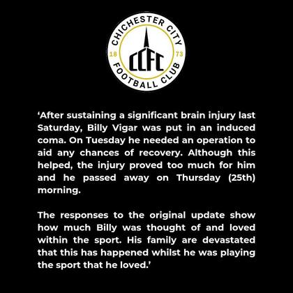 El comunicado oficial de Chichester City por la muerte de Billy Vigar