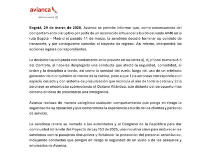 El comunicado oficial de la aerolínea colombiana Avianca sobre el incidente con Yeferson Cossio