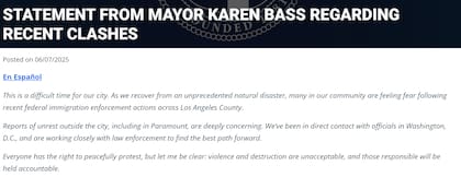 El comunicado oficial de la alcaldesa Karen Bass sobre las manifestaciones en Los Angeles