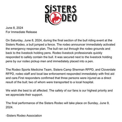 El comunicado oficial de la Asociación de Rodeo de Sisters, luego de que el toro dejara a tres heridos