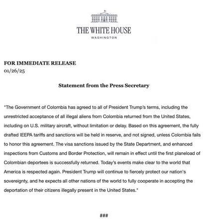 El comunicado oficial de la Casa Blanca que da marcha atrás con las sanciones a Colombia