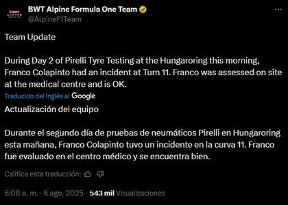 El comunicado oficial de la escudería Alpine