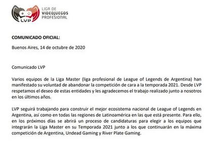 El comunicado oficial de la LVP sobre la nueva temporada 2021 de la Liga Master de League of Legends