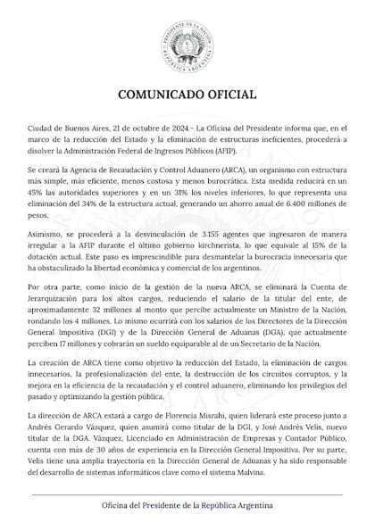 El Comunicado Oficial de la Oficina del Presidente