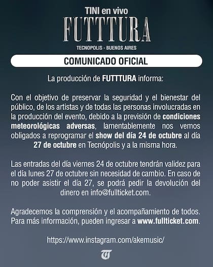 El comunicado oficial de la reprogramación del festival de Tini